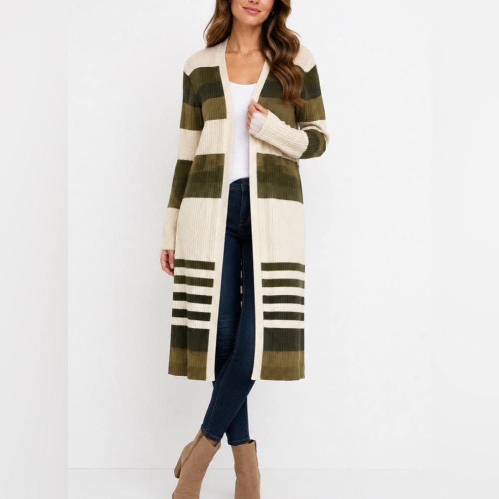 Cato green and beige striped cardigan sweater L